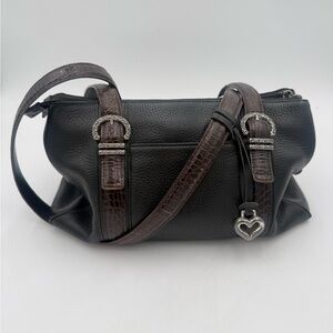 Brighton Black Leather Brown Croc Embossed Silver Two Handle Triple Comp Purse